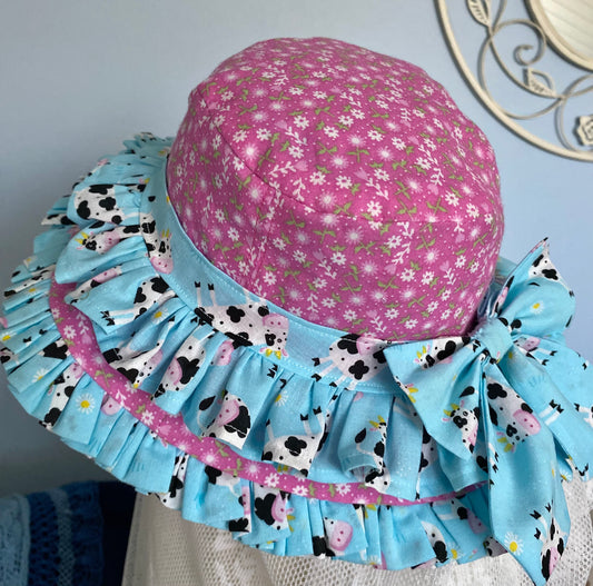 Hat Reversible Cows and Pink Floral